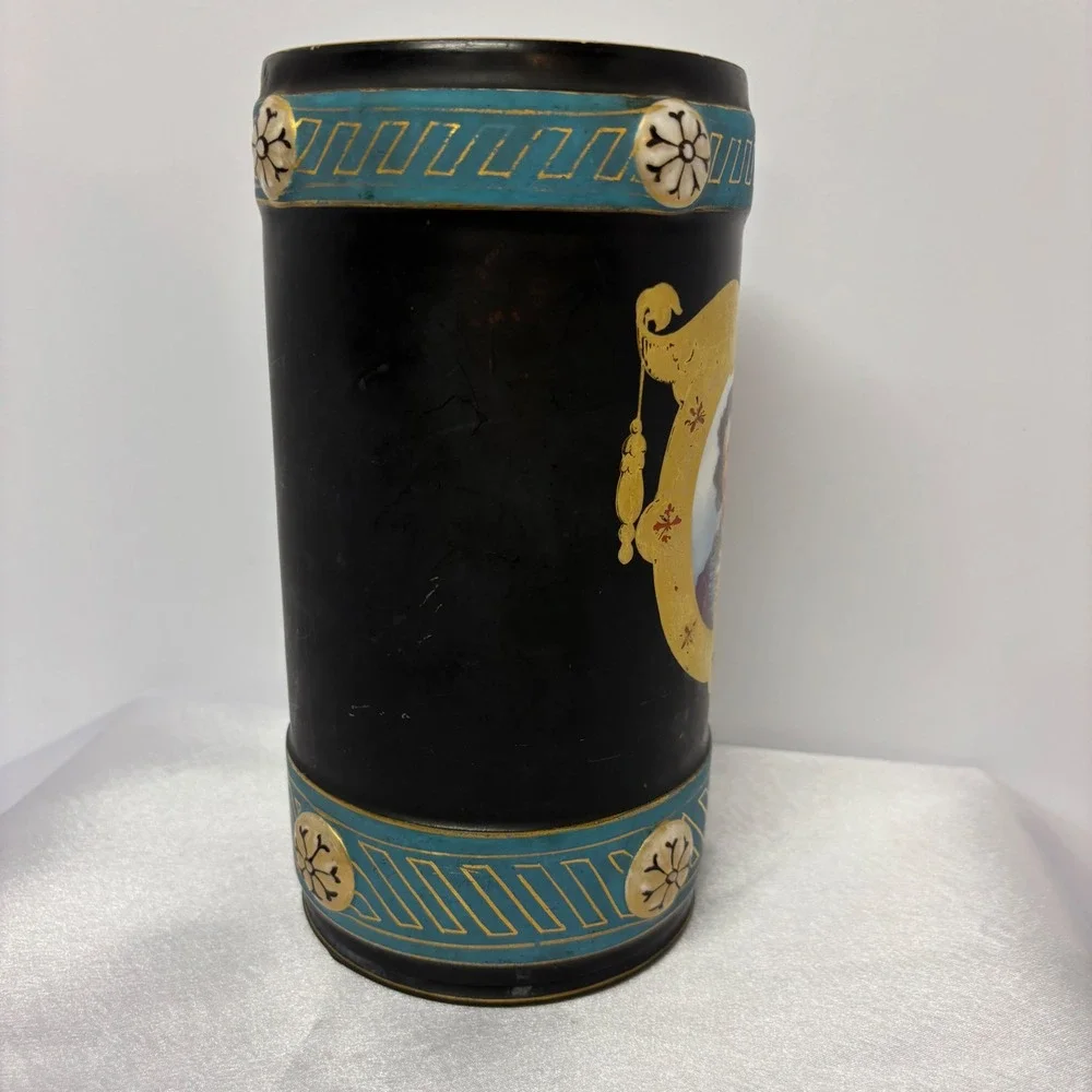 Antique Old Paris Porcelain Portrait Vase Black Gold Trim Decorative‎